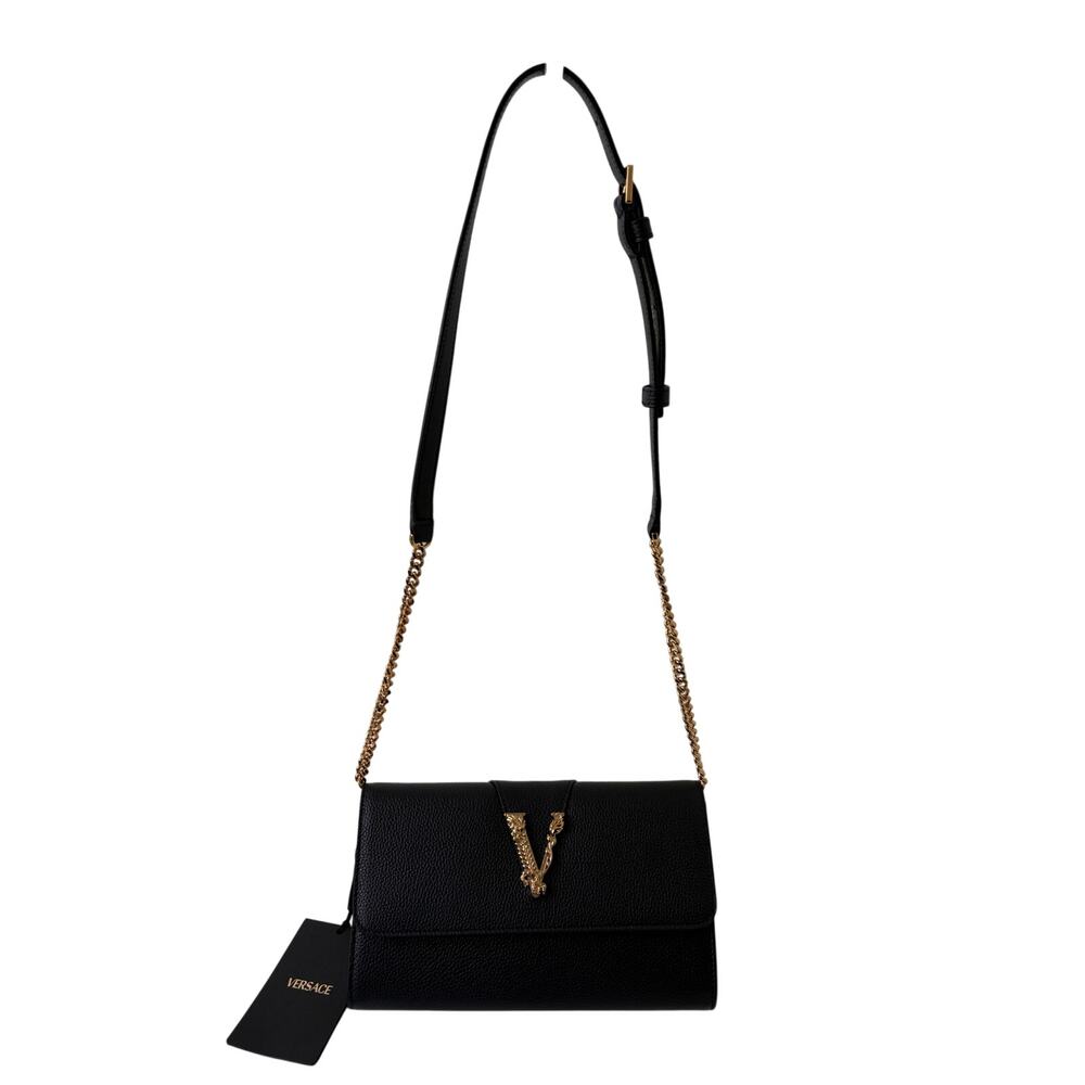 Sale ends 5/7 Versace virtus Black Leather Shoulder Bag with Gold New